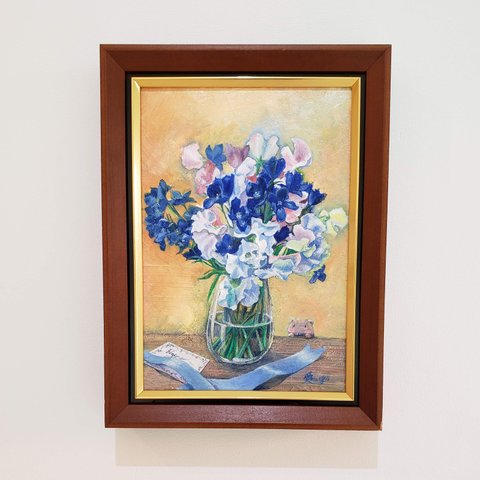 【キャンバス原画】 「青い花が好き」 油彩画 デルフィニウム スイートピー