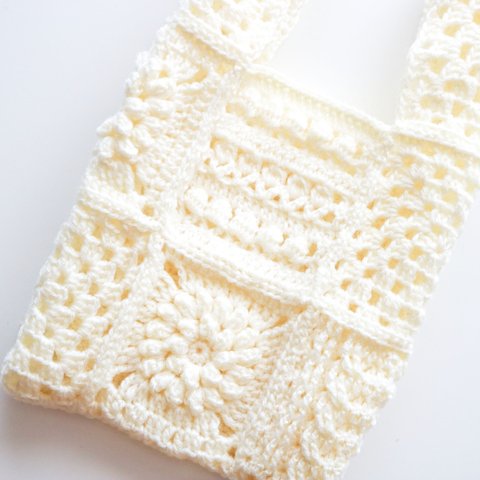4種モチーフのクロシェバッグ Crochet bag with gusset 09 Crochet motif×White