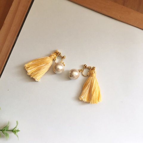 夏色♡コットンパール+タッセルのイヤリング＊＊yellow