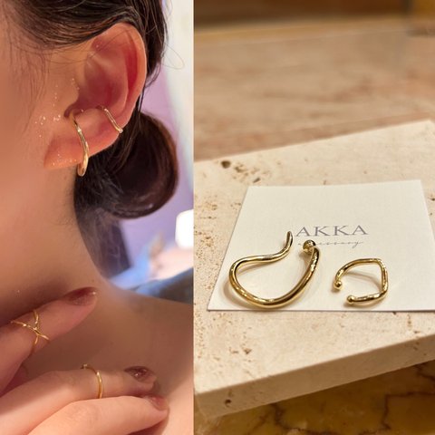 Gold:Wave hoop earcuff 2pac set  ウェーブフープイヤーカフ2個セット　　　大人上品イヤーカーフ小さめ小ぶり個性的フープイヤリングフープピアスお洒落ミニサイズ