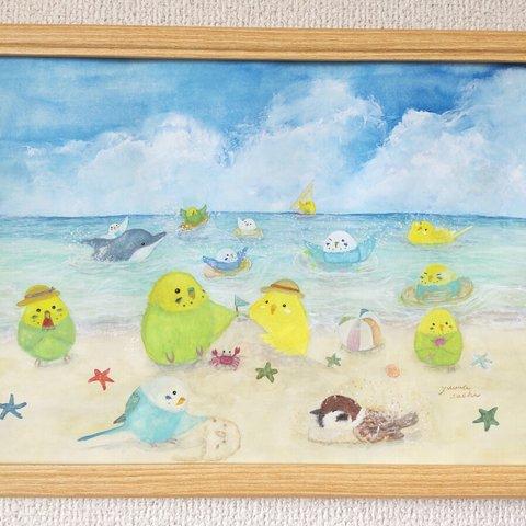 額入り原画A4『夏休みインコたち』 アート インテリア