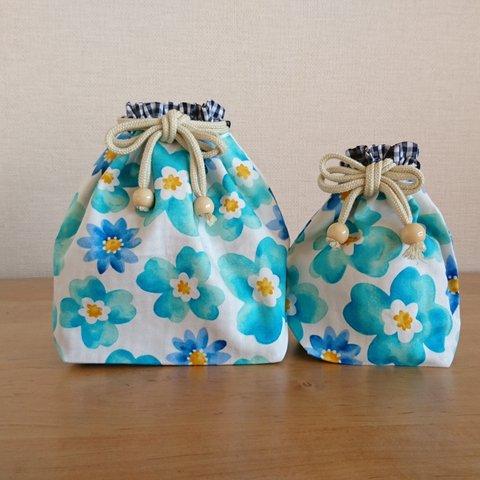 【一点物】ブルー 花柄♪弁当巾着袋＆コップ袋のセット 
