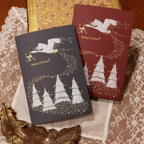 SILKSCREEN PRINT CARD - X'MAS FLYING SWAN/ RED