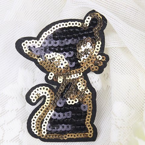 猫 1枚 ワッペン スパンコール アップリケ 刺繍 アイロン接着