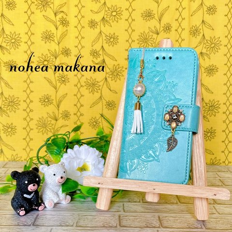 《makana》【ガラスフィルム付き】iphone手帳型ケース☆ミントグリーン