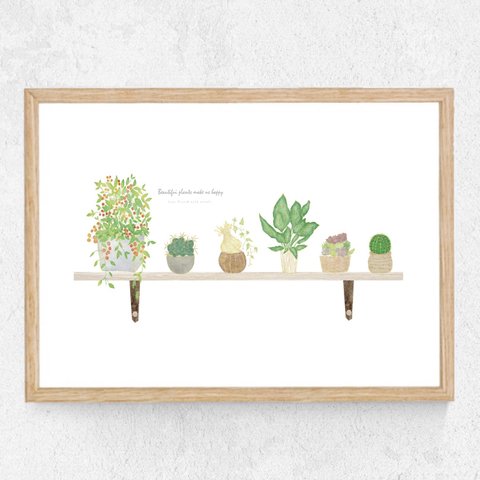 サボテンと植物の壁掛け飾り棚✴︎ 水彩画風インテリアポスター【横】