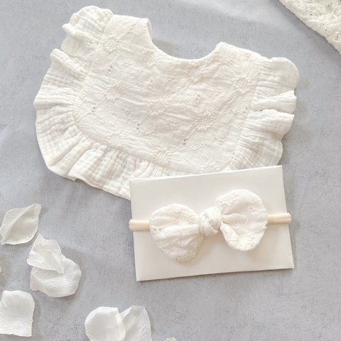 2点セット♡︎Square frill bib & head band【White margaret】スクエアフリルスタイ&ヘアバンド　