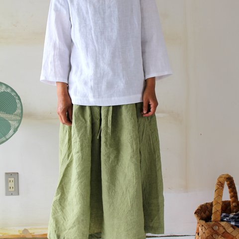 long gathering skirt＊リトアニアリネン"leaf green" 【受注生産品】 