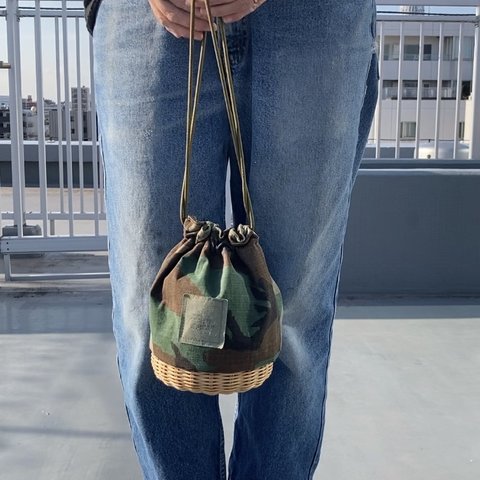 迷彩かごバッグ ミリタリーバッグ ラタンType custom Drawstring Basket Woodland Camo 