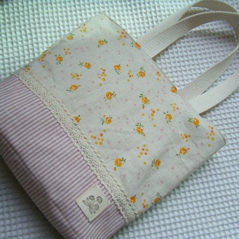 黄色花柄×ピンクストライプ　ミニトートバッグ