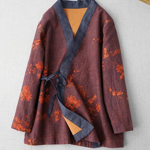 レトロなファッションVネック綿麻コート