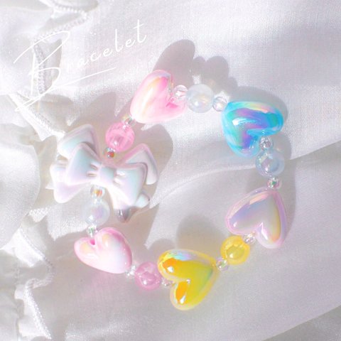 #B5💖オーロラハートとリボンブレスレット🎀(キッズアクセサリー/キッズブレスレット/ブレスレット/キッズ/子ども/可愛い/キラキラ/ギフト/プレゼント)