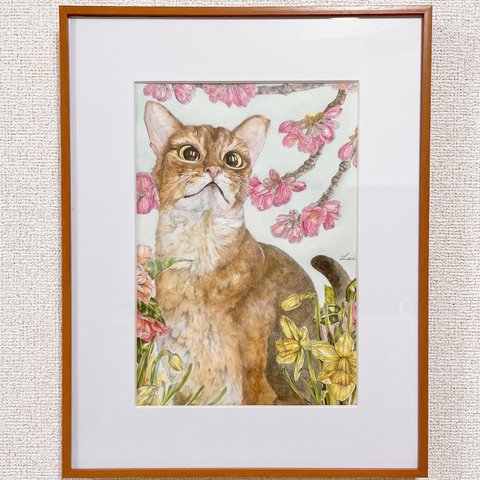 猫・絵画『おかえりなさい』-水彩・ボールペン・原画・花・春-
