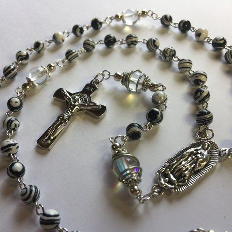 ロザリオ【１点物】(50)ブラックレースストーン＆シャインクリスタルRosary,Catholic PrayerBeads, Holy Rosary Healing Relaxing Gemstone