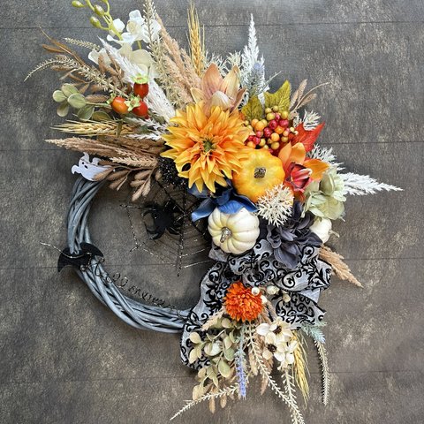 No.wreath-15469★ハロウィンリース22-(6) クモの巣&パンパス&パンプキン　60x40cm・アーティフィシャルフラワー/造花リース/ハロウィンリース/大型リース