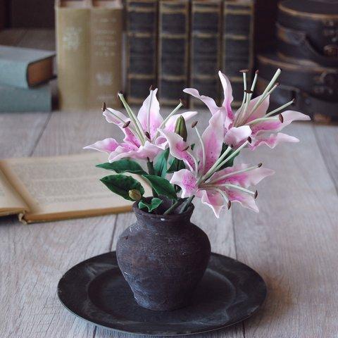 ◆粘土のお花◆　すかし百合（壺）・・・ピンク　高さ約23センチ　S679