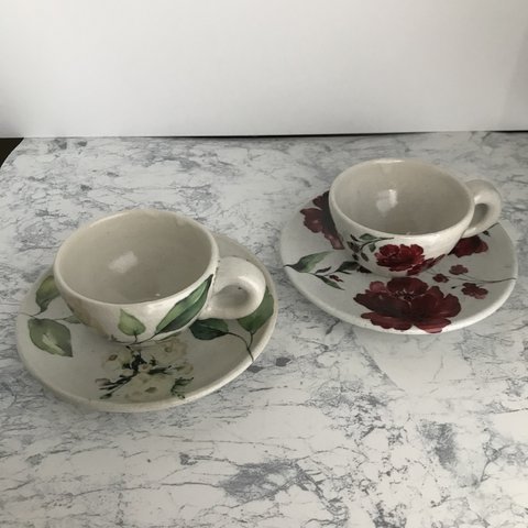 陶器のカップ&ソーサー　薔薇【2客セット】
