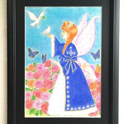 「ネイビー妖精の鳥と蝶々が舞う薔薇の庭」幸運を招く妖精イラスト
