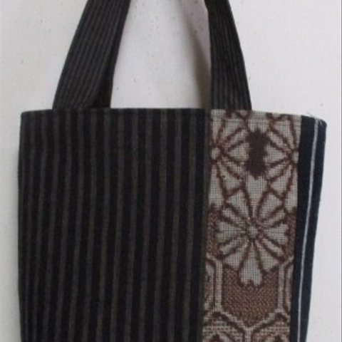 ６９５９　大島紬と唐桟縞の着物で作った手提げ袋　＃送料無料