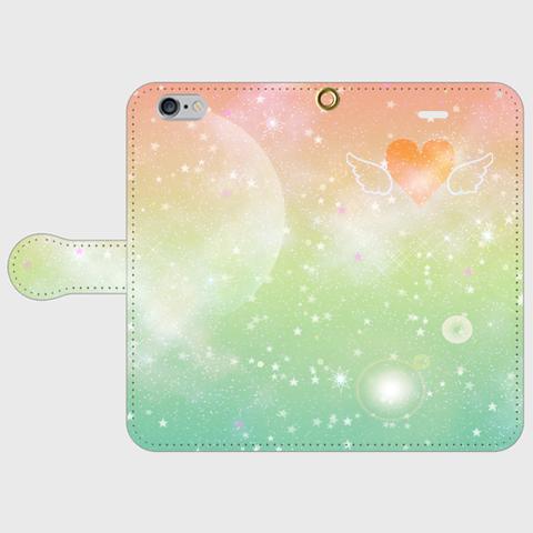 パステルみどり宇宙　かわいい ハートと羽 　 手帳型スマホケース　iPhone,Android