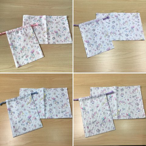 4色から【給食セット】30×20cm 35×25cm 40×40cm  40×30cm 小さなランチョンマット コップ袋 ストライプ ユニコーン 女の子 小学校 給食 幼稚園