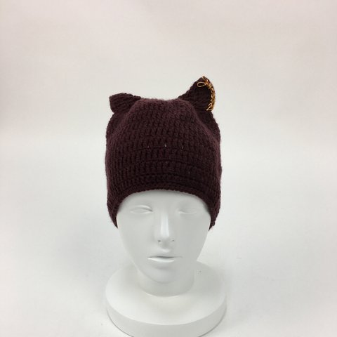 手編み、猫のニット帽、ブラウン、ハート