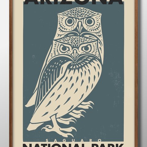 7172■ポスター　絵画　A3サイズ『アリゾナ国立公園　フクロウ』アート　イラスト　デザイン　北欧　マット紙