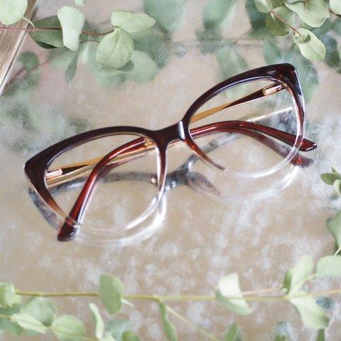 フォックス型｜ブラウングラデーション　フレーム｜老眼鏡、だてメガネ、近視用・乱視用・サングラスとして作成OK