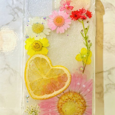 iPhoneケース､iPhoneカバー､押し花ケース､スマホケース､押しフルーツ､押し花､押し花カバー､スマホカバー､押しフルーツケース､押しフルーツカバー､Android ハートレモン､リング付き