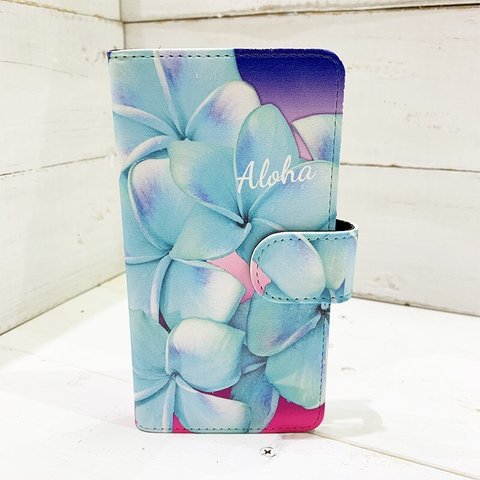 プルメリアの手帳型iphoneケース ハワイアン柄ブックタイプケースかわいい青いお花 スイカ・ID 交通系カード入れ