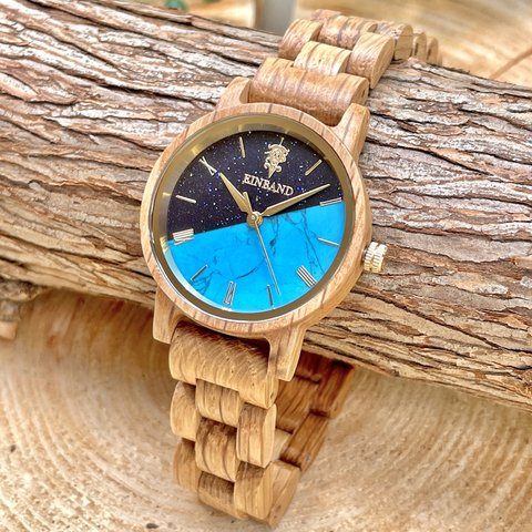 【木製腕時計】EINBAND Reise Blue sandstone × Turquoise & Oak wood 32mm