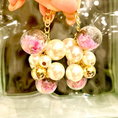 ガラスドーム パール アクセサリーパーツ 花びら入