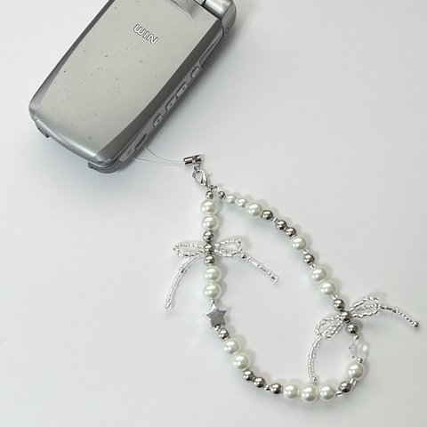 beads strap silver x star star〈ビーズストラップ〉〈リボンストラップ〉