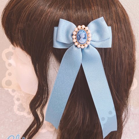 ‎パール カメオロングリボン‎♡ヘアクリップ(  アンティーク ブルー × ブルー  カメオ ) ロリィタ メイド クラシカル ゴスロリ 量産型 地雷 コンカフェパール  お上品 発表会 カラバリ