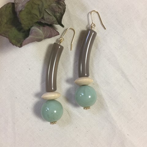 016 greytube×greenmarble×woodbeads イヤリング/ピアス