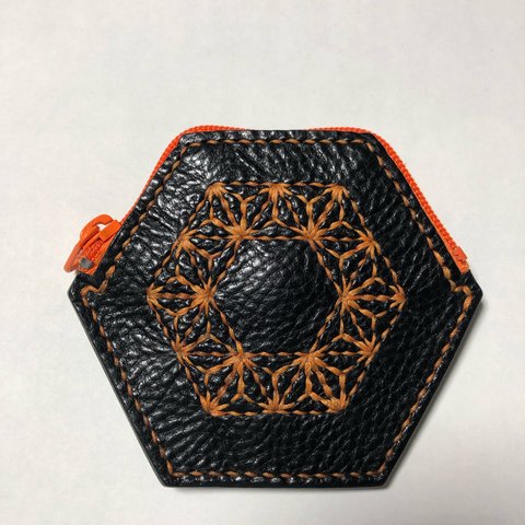 レザー刺し子フラットコインケース(01ブラック×07オレンジ)
