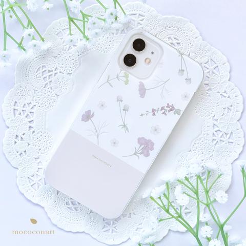 【特集掲載】秋の花々ホワイト スマホケース iPhone Android アンドロイド 全機種対応 花柄 コスモス 撫子 千日紅 秋明菊 女郎花 バイカラー