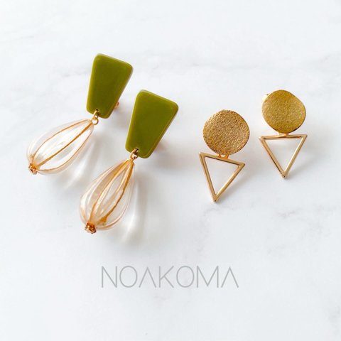 noakoma ＊ simple - gold moss green イヤリング 2点 セット ＊ イヤリングセット プレゼント 学生 大人 シンプル 贈り物 アンティーク風デザイン ゴールド系