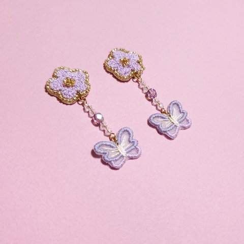 オーガンジー刺繍❁花と蝶〜パープル〜❁