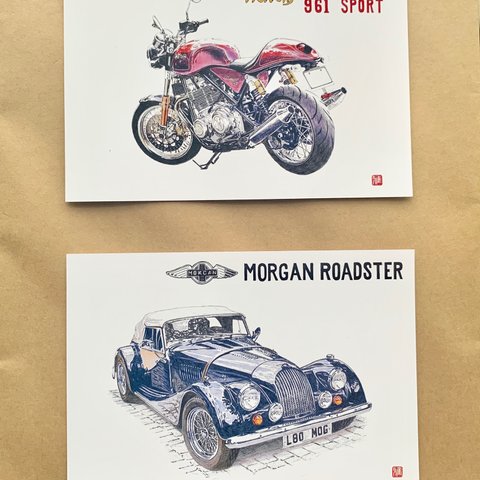 ポストカードサイズ 　2枚セット　車イラスト(オートバイ & クラシックカー)  色鉛筆     Motorcycle&Classic Car   