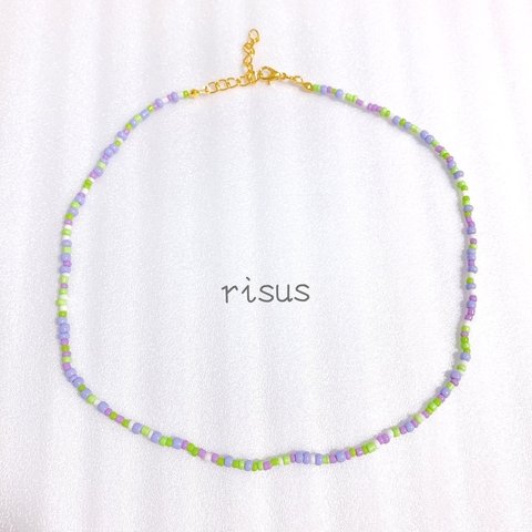 necklace purple×green×white ビーズネックレス