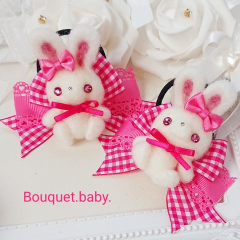 うさ🍓ツインヘアゴム💝🐰チェックリボン୨୧キッズ୨୧プレゼントにも💛  Bouquet&baby