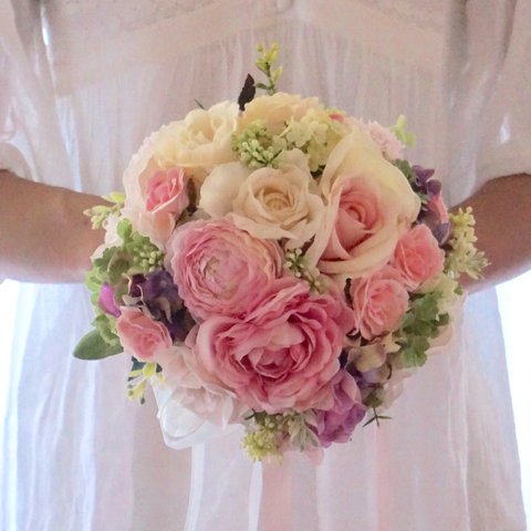 八重咲きローズとアジサイのラウンドブーケ＊cream pink round bouquet＊ 