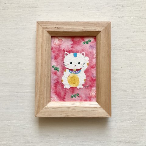 🐱透明水彩画「招き猫」 イラストミニ額　縁起物 ネコ　ねこ　正月飾り　お正月🐱