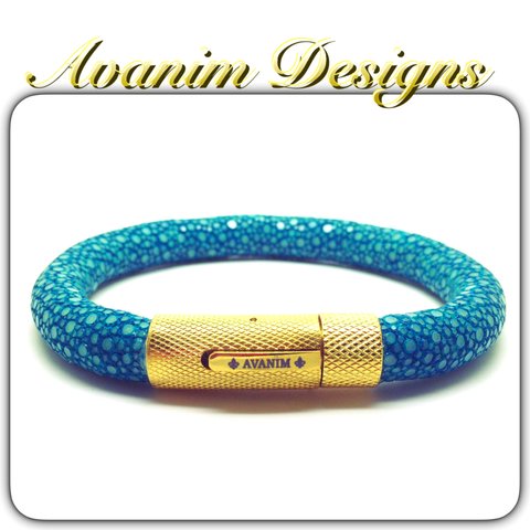 海のジュエリー＊ターコイズブルースティングレイ本エイ革ブレスレット8mm turquoise  blue stingray bracelet