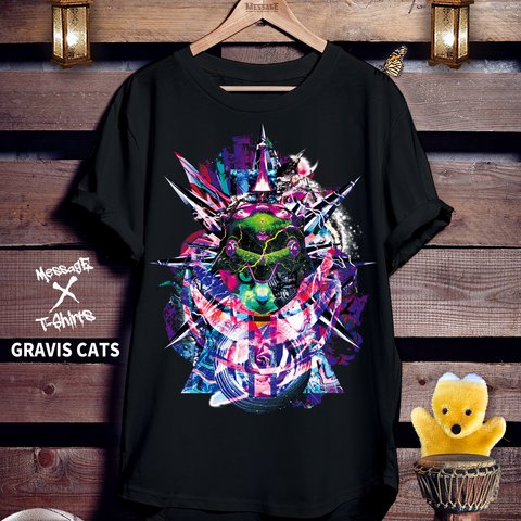 グラフィックアートねこ黒Tシャツ「GRAVIS CATS」