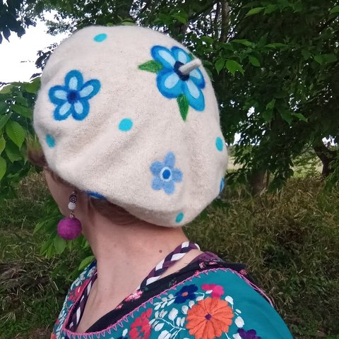 🏵水玉とお花模様のfleuriベレー帽🏵（オフホワイト）
