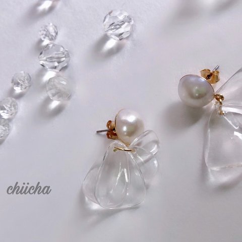 chiicha パール×クリア花びらピアス