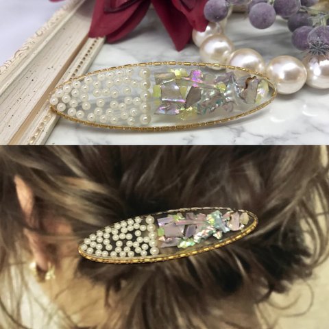 1点のみNo.318 高級京都オパールとパール ヘアクリップ or バレッタ