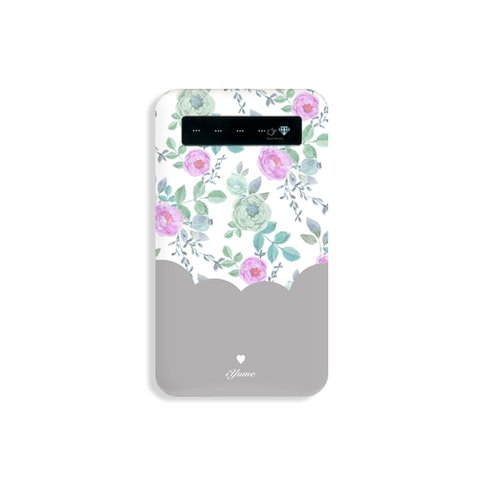 Feminine floral＊グレー モバイルバッテリー 名入れ 花柄/花/名入れ/iPhoneX/8Plus/8/7Plus/7/6/6Plus/Xperia/Galaxy/ARROWS